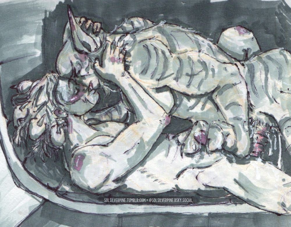Kallus holds Zeb's beard as they kiss, while Zeb holds his hair with one hand and Kallus's dick with his other