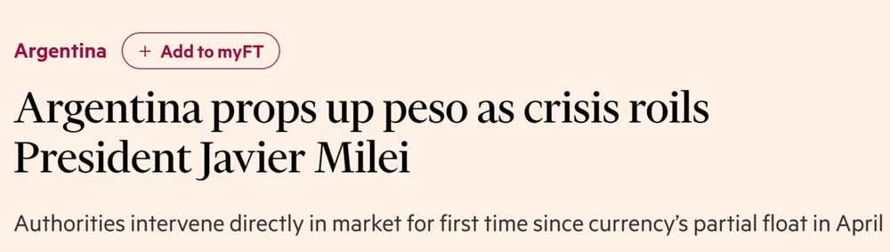 Argentina props up peso as crisis roils President Javier Milei
Authorities intervene directly in market for first time since currency’s partial float in April