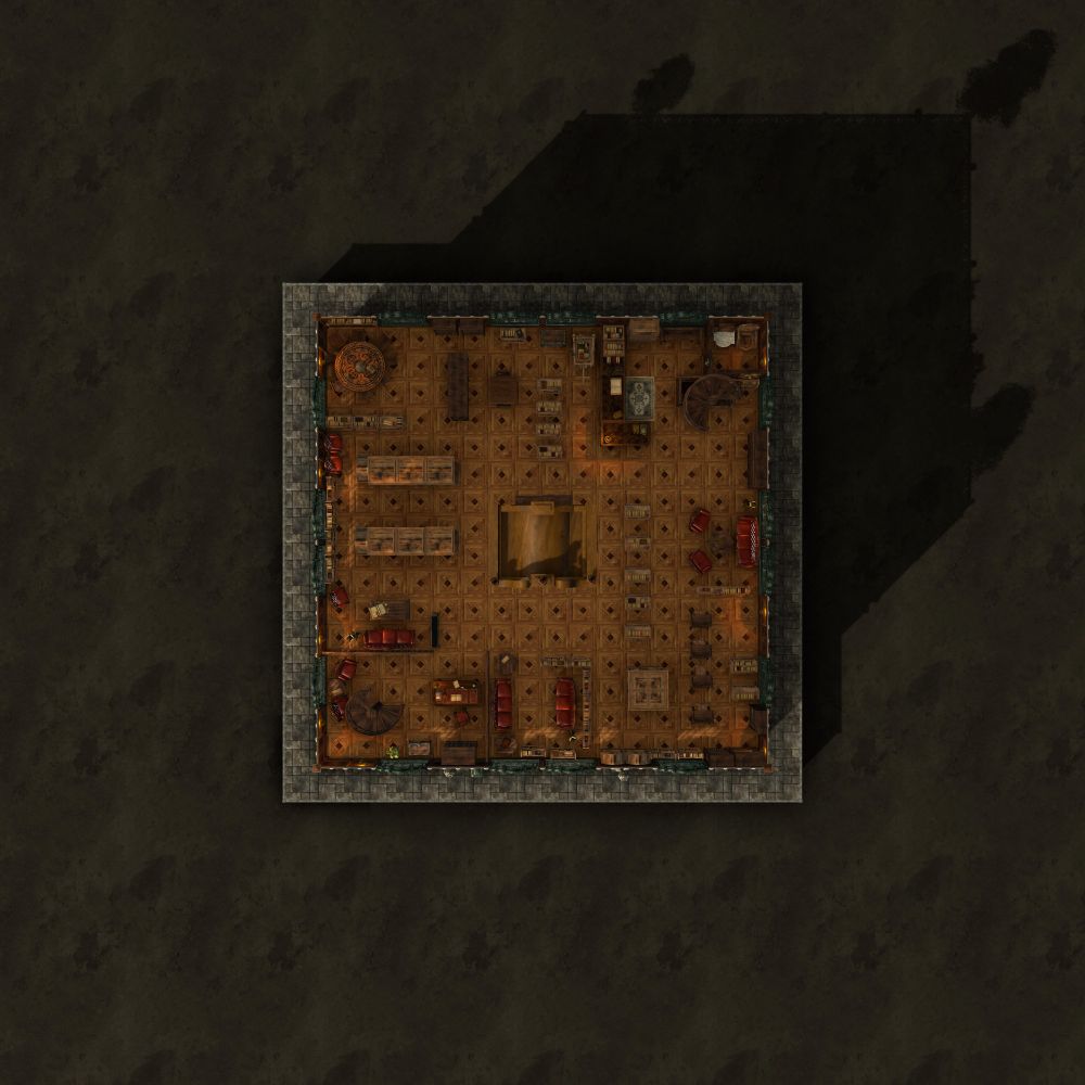 RPG map of a large library. One arrives her via a spiral staircase in the right rear corner of the building. The stairs continue up to the next level. A reception/checkout desk with stacks of books and a filled cart ready to return books to the shelves occupies this space, next to a small public restroom. The entirety of the open floor plan is filled with shelves and shelves of books, dotted with comfy chairs and couches, a row of private desks, and a round table for quiet discussion in one corner. A small desk in the front left corner sits near stairs that lead upward; the entrance to government offices (by appointment only) and it is walled off by a short wooden railing to maintain security. Huge, wrought iron windows allow natural light into the space. In the center, the bulk of the clock continues upward, and another view of the pendulum is visible. 