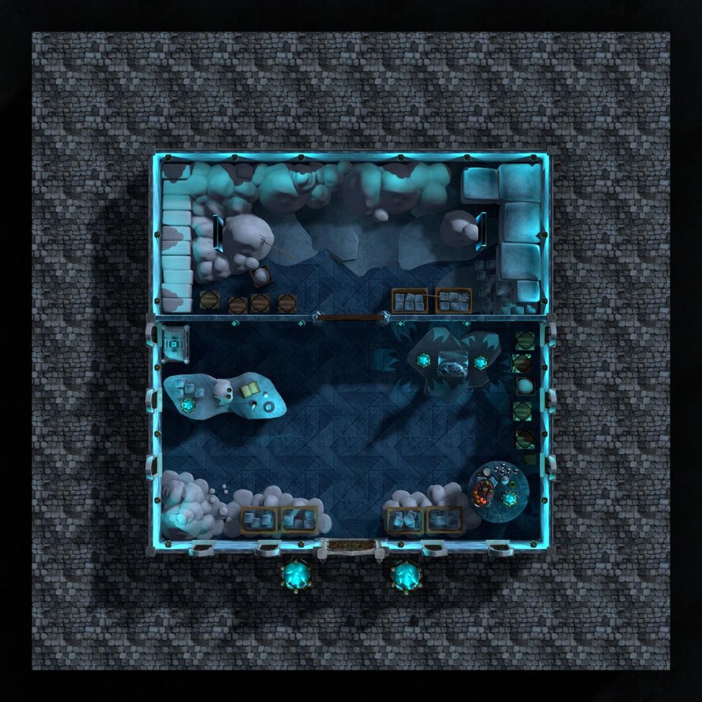 RPG city map of an ice shop after hours. Frosty pillar lights beckon you inside the shop and once in, you see an icy blue marble floor with crates stacked on either side, filled with blocks of ice ready for purchase, and staying cool on mounds of snow. A snow goblin smiles at you from one corner while a tray of frosty fruit and ice cold wine are on display in the other corner. Crates of snow line one wall and an ice sculpture of a local goddess (or noble) stands atop a block of ice. The sales counter is also a natural block of ice and it holds a sales journal, a couple of icy lights, and a mound of snow chilling a couple of glasses of the local vintage. Also stacked on the counter are a few snowballs with which to pelt local children, who are free to retaliate with snowballs near the goblin. A large chest behind the counter holds the cash box and the shopkeeper's possessions. Double doors lead to a back room where two magical portals sit as gateways to a mountaintop (or icy realm) where the cold goods are harvested. Huge blocks of ice are stacked on one wall with smaller blocks waiting to be stacked on crates for delivery. A mass of snow lines the back wall and the floor is slick with ice. Compacted blocks of snow rest on the other wall, ready to be packaged and sent off to the next gala event and turned into ballroom snow flurries, syrup-laden treats, or simply to chill beverages. 