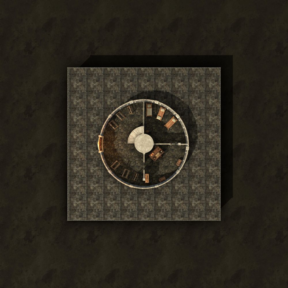 RPG map of a city keep showing the ground floor of the circular stone structure. A large double door accesses it and arrow slits are situated all around. Inside, one is met with racks of weapons for the city guard's use. An iron door leads to a large office with a desk and a couple of chests for storage, as well as a bookshelf for records. This is the local jailer's office and a second iron door leads to a single cells with three bare-bones beds and a bucket. The beds are mostly unmade, as if there isn't much use for the space in a peaceful town. In the center of the first room, stone steps rise around a circular platform, leading to the first floor. NOTE: This map is available for free download on Dungeon Alchemist's Steam Workshop.