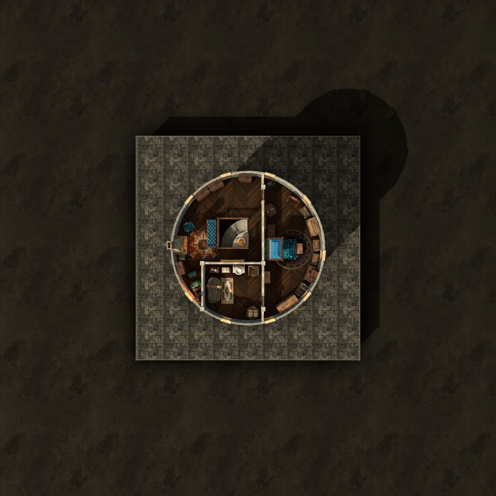 RPG map showing the third and final floor of a stone keep. This floor contains the private living quarters of the keep's commanding officer. The stone steps rise to a large room nearly empty but for three bookshelves. A nearby fireplace provides warmth and a large square rug, chaise lounge, and chair (in vibrant blue) provides a place to rest and relax. Tucked into a triangular corner is a matching cosy chair and footrest, as well as another bookshelf and hanging lamp to provide light for reading: the perfect nook for a book lover. Near the stairs, a door opens into a huge bedchamber. A table and dummy allow the doffing and easy storage of a suit of armor, and a nearby mirror is helpful when  it's time to put the armor back on. A large circular rug is topped with a huge half-canopied bed  (also in blue) and the remainder of the space is filled with storage chests, closets, and another shelf for books. It's possible whomever resides here has too many clothes. A door from the bedroom leads to a large batch with a wooden tub, wood-clad toilet, vanity table, and several small tables that hold towels and washing supplies. A comfortable rug provides for dry feet and helps to prevent slipping. NOTE: This map is available for free download on Dungeon Alchemist's Steam Workshop.