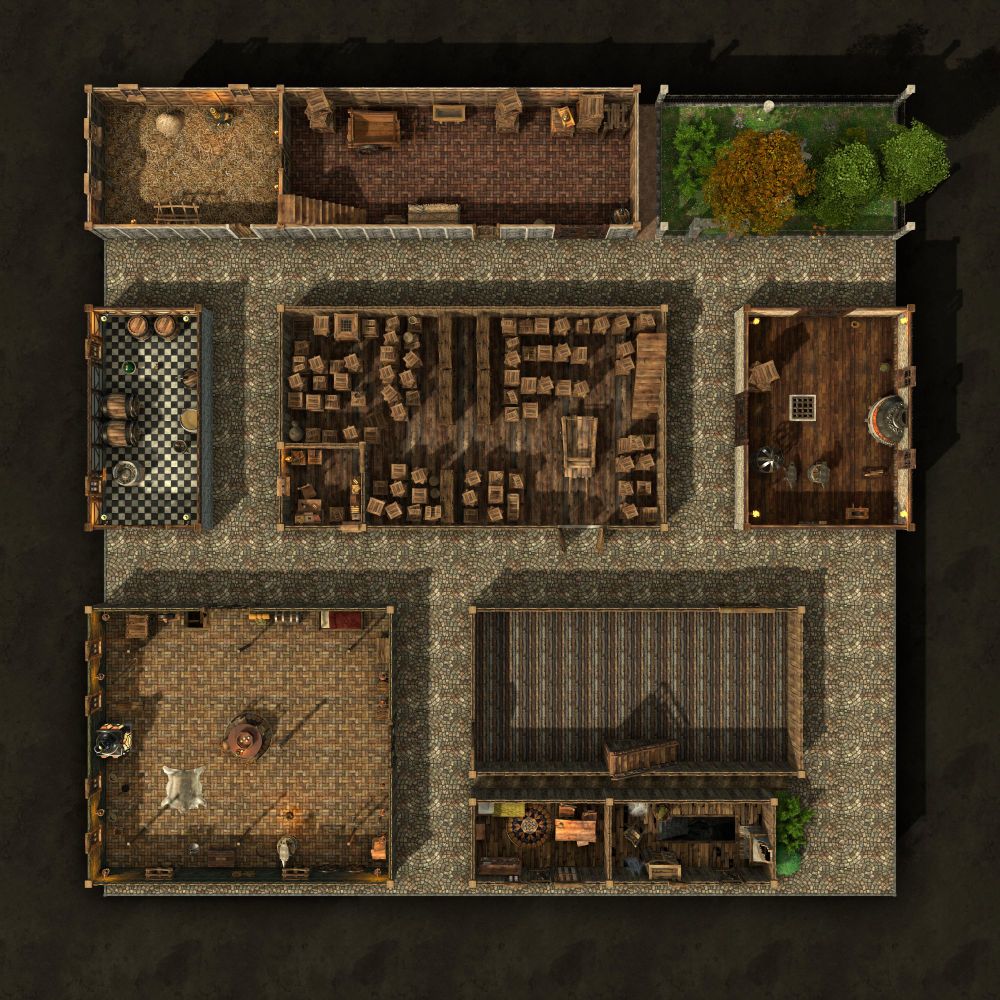 RPG map of city streets and several buildings, including a warehouse packed with old crates. A trapdoor in the far corner leads down to a basement and access to caves below. Near the warehouse is another empty warehouse, an old furnished cabin, and abandoned cabin with stairs leading down through the broken floor, and a smithy. Also nearby is a small park with grass and trees, a stable a brewery storage room, and a large room currently being used by a local artist to hammer out metal and woodworked items.