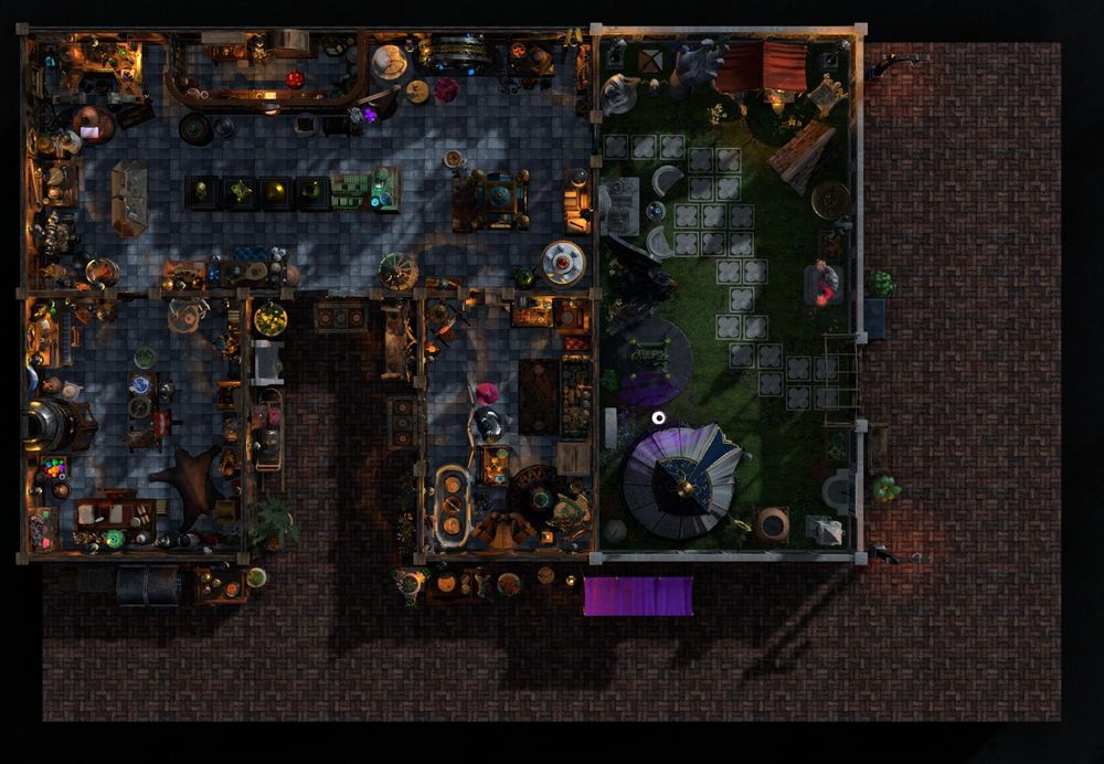 Nighttime view RPG map showing a large multi-goods shop with three rooms and a garden. The walkway to the shop is lined with assorted large items: carts, a large pipe, a sled, a tent-covered sofa, planters, and benches. Inside the shop there is barely enough room to walk through display cases, desks, tables, crates, and shelves, each covered with random objects, including potions, wands, books, jars, vases, hats, flowers, tools, weapons, herbs, cloth, and more. There seems to be little organization and there are surprises around every turn, including a marble bathtub filled with barrels, a wooden display case with assorted lanterns, and even the single oar from a boat hanging from one wall. The garden contains a similar variety of objects, from a fully stocked tent and a black marble sphinx to a massive upright stone hand and a large wooden doghouse. A path leads from the shop interior through the garden to an outer gate in the stone fence. The shop sits on a red brick city street. Lanterns light the interior from various sources, as well as a few scattered candles, and the garden is lit from lanterns, a purple alchemical light, and the glowing hands of a benevolent statue.