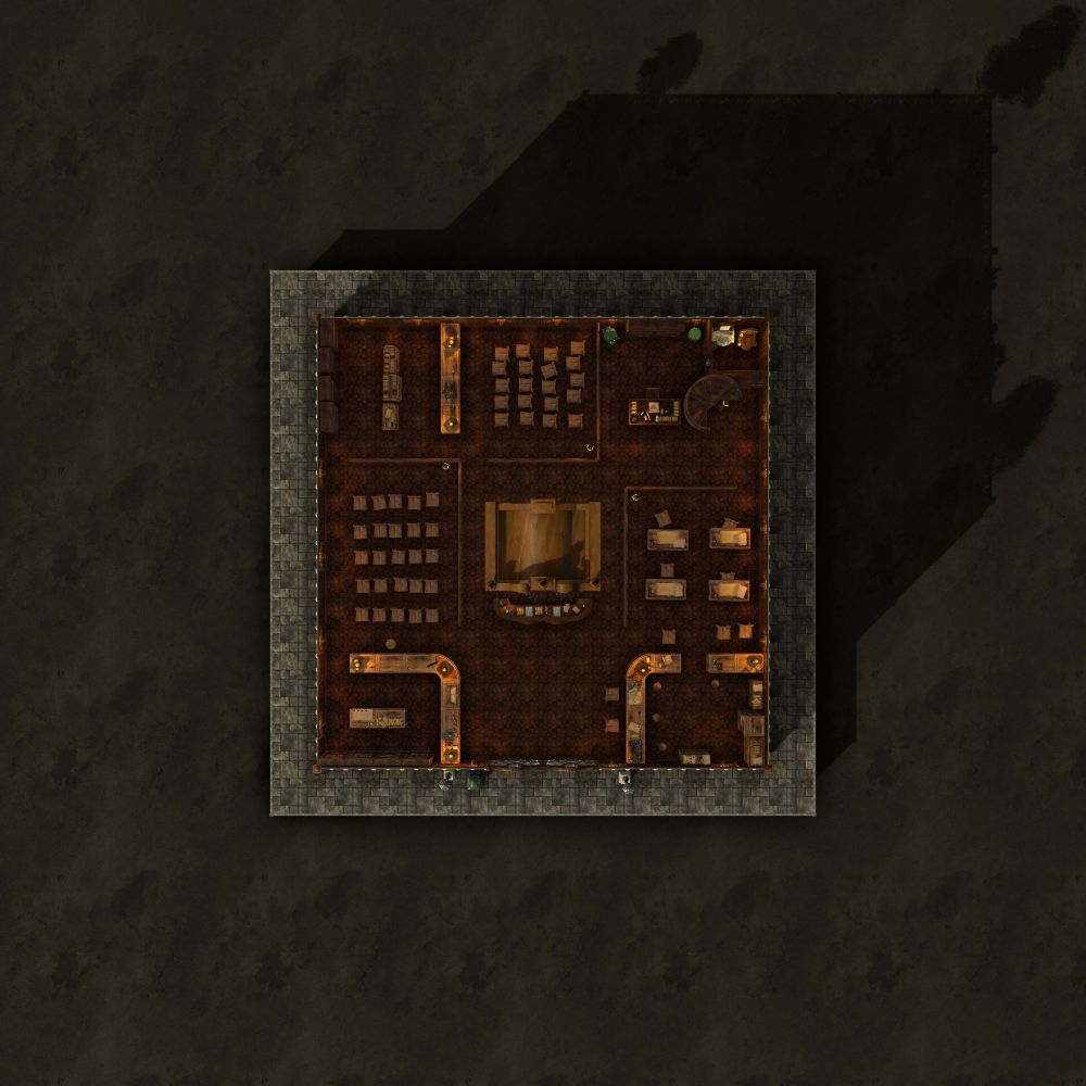 RPG map showing the ground floor of a clock tower. Several governmental offices take up this space. An information desk greets you when you walk in, where attendants stand behind metal screens and direct you to the various stations. On both sides of the doors are long, curving counters filled with books and papers behind which are filing cabinets, cases, and shelves with papers and scrolls. Rows of chairs await impatient bodies to sit in them, and several desks opposite them. In the rear is another waiting area filled with chairs behind which is another counter and several shelves of resource materials. Are they magical ability testing offices? Local government permit stations? Offices for the payment of taxes? All of the above? A single desk near the back sits near a spiral staircase to the next level. A receptionist there might direct you to the upper offices, the library, or the roof. In the center of the room is the lowest section of the clock tower, where a massive pendulum swings behind glass. A single restroom in the far corner services the entire floor, which is probably poor planning on their part when crowds gather.