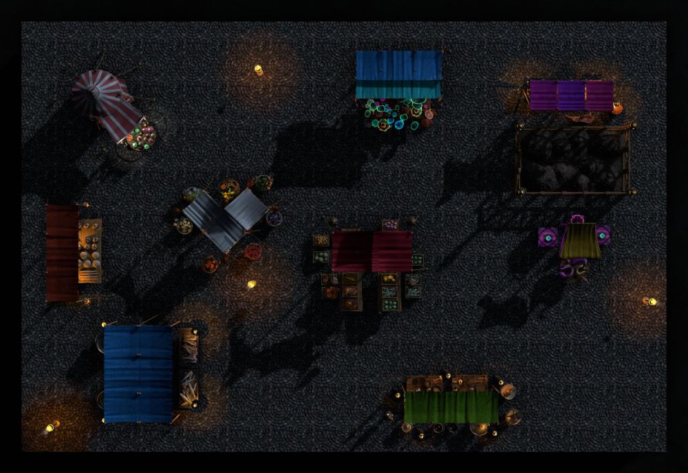 RPG map of a nighttime city market square with several vendor tents and awnings set up. One awning, in two shades of blue, has a display table filled with assorted mushrooms in many colors and sizes. Next to that is a purple awning that covers a meat vendor next to a dirt-filled animal pen for the freshest of meats available. Behind the pen is a gold awning that covers two mysterious crates and a small table. Large purple tentacles writhe upon the table. A green awning covers two large tables filled with the wares of the local blacksmith, including pots and pans, hammers, assorted weapons, and even a suit of armor. An anvil sits nearby, ready to repair items on the spot. Red awnings in the center of the square advertise the vegetable stand, which has many fruits and vegetables on display, including pumpkins, cauliflower, gourds, carrots, melons, potatoes, turnips, and leeks. Next to that sits a flower vendor beneath silvery grey awnings. Vibrant flowers in all colors spill from baskets. In the lower left corner sits a large stand with a blue awning that partially covers cold tables filled with fresh fish. Two large cauldrons hold live fish ready for the catching. Competing with the smell of fish is a large table filled with bread beneath an orange awning. In the upper left corner of the square is a red and white striped tent whose round table displays a huge quantity of potions in bottles of  assorted shapes and sizes. All rest upon patterned cobblestone and torches dot the square to provide additional light.