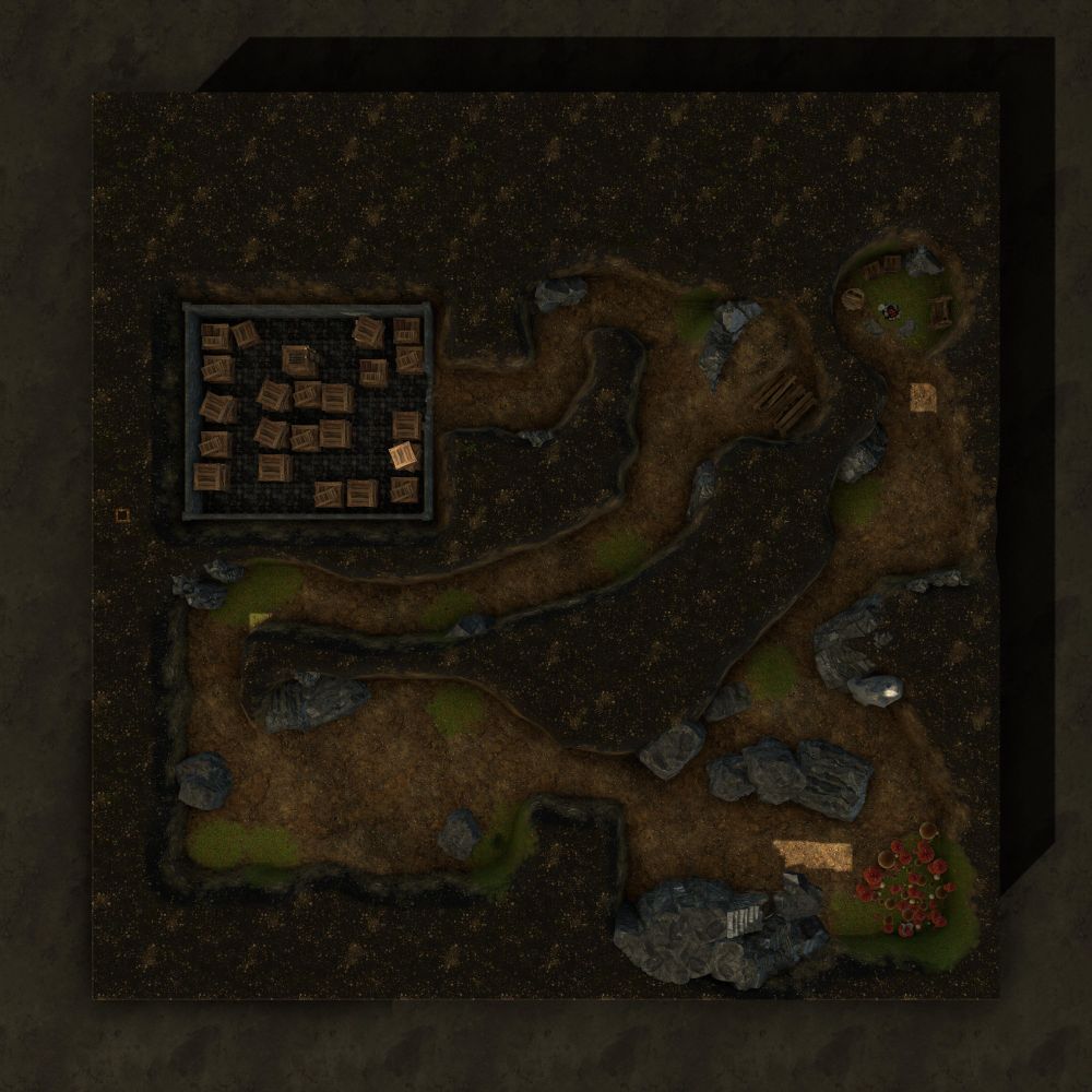RPG map of a kobold lair lurking beneath the city streets. A ladder drops down from the warehouse above into a storage room and from there into a maze of old crates to a broken wall that leads into a winding tunnel. Several rocky outcroppings can hide lurking denizens to confront strangers. A mushroom patch grows in one corner, lit by a patch of sunlight streaming through the broken planks above and also lighting an old stone staircase that leads to an abandoned cabin and emergency exit. The final cave holds a firepit and broken furnishings salvaged from the city above.