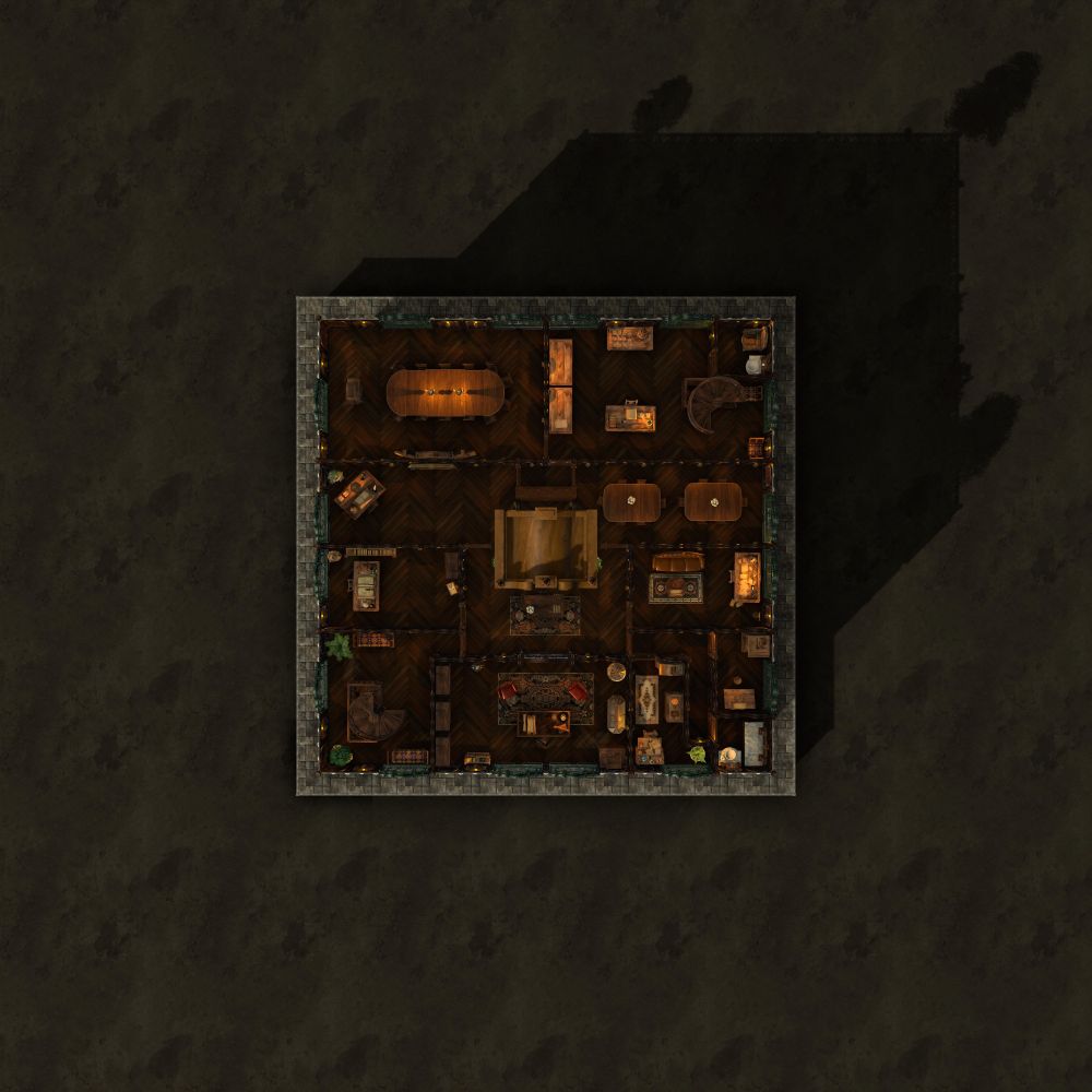 RPG map of the third level of a clock tower. This level contains both private the public spaces. The front half is taken up by the spiral staircase, reception desk, magistrate's office, and several more opulent offices filled with desks, chairs, bookshelves, and office accoutrements. The rear half of this floor contains two large meeting rooms, one with matching double conference tables, and one with a single, long conference table. Both allow access to an open area with two large tables and a water station (possibly for snacks, possibly for conference paperwork and materials, or both), and a reception desk also occupies the space to help direct attendees. A restroom sits behind the spiral staircase, which continues upward to the next floor. The clock occupies the center of the space, although the view of the internal workings are not very interesting at this level, but are visible behind the reception desk before the mayor's office.