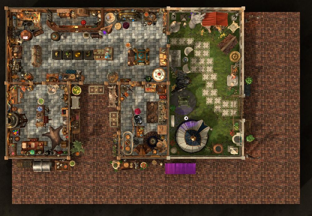 RPG map showing a large multi-goods shop with three rooms and a garden. The walkway to the shop is lined with assorted large items: carts, a large pipe, a sled, a tent-covered sofa, planters, and benches. Inside the shop there is barely enough room to walk through display cases, desks, tables, crates, and shelves, each covered with random objects, including potions, wands, books, jars, vases, hats, flowers, tools, weapons, herbs, cloth, and more. There seems to be little organization and there are surprises around every turn, including a marble bathtub filled with barrels, a wooden display case with assorted lanterns, and even the single oar from a boat hanging from one wall. The garden contains a similar variety of objects, from a fully stocked tent and a black marble sphinx to a massive upright stone hand and a large wooden doghouse. A path leads from the shop interior through the garden to an outer gate in the stone fence. The shop sits on a red brick city street.