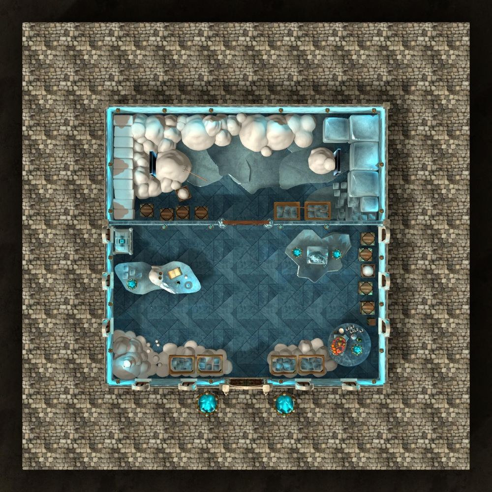RPG city map of an ice shop, for all of your cooling needs. Frosty pillar lights beckon you inside the shop and once in, you see an icy blue marble floor with crates stacked on either side, filled with blocks of ice ready for purchase, and staying cool on mounds of snow. A snow goblin smiles at you from one corner while a tray of frosty fruit and ice cold wine are on display in the other corner. Crates of snow line one wall and an ice sculpture of a local goddess (or noble) stands atop a block of ice. The sales counter is also a natural block of ice and it holds a sales journal, a couple of icy lights, and a mound of snow chilling a couple of glasses of the local vintage. Also stacked on the counter are a few snowballs with which to pelt local children, who are free to retaliate with snowballs near the goblin. A large chest behind the counter holds the cash box and the shopkeeper's possessions. Double doors lead to a back room where two magical portals sit as gateways to a mountaintop (or icy realm) where the cold goods are harvested. Huge blocks of ice are stacked on one wall with smaller blocks waiting to be stacked on crates for delivery. A mass of snow lines the back wall and the floor is slick with ice. Compacted blocks of snow rest on the other wall, ready to be packaged and sent off to the next gala event and turned into ballroom snow flurries, syrup-laden treats, or simply to chill beverages. 