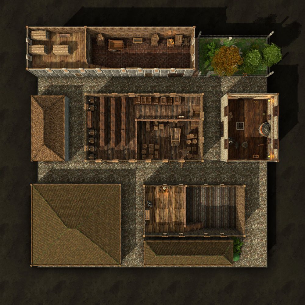 RPG map of the upper floor of a city map showing a large warehouse complete with many crates and shelved filled with goods (or perhaps empty and used as a front). Also shown is the upper floor of a nearby warehouse, empty but for a scattering of items left behind, plus the open upper floor of a smithy. The upper floor of the nearby stable hold hay and a trapdoor to toss down hay to the stable floor below.