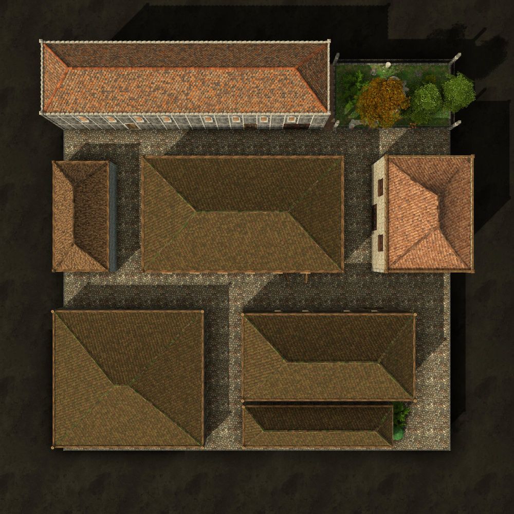 RPG map of city buildings with roofs, plus a nearby park.