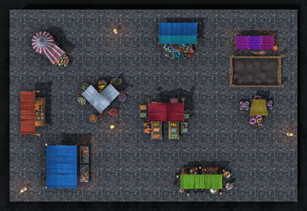 RPG map of a city market square with several vendor tents and awnings set up. One awning, in two shades of blue, has a display table filled with assorted mushrooms in many colors and sizes. Next to that is a purple awning that covers a meat vendor next to a dirt-filled animal pen for the freshest of meats available. Behind the pen is a gold awning that covers two mysterious crates and a small table. Large purple tentacles writhe upon the table. A green awning covers two large tables filled with the wares of the local blacksmith, including pots and pans, hammers, assorted weapons, and even a suit of armor. An anvil sits nearby, ready to repair items on the spot. Red awnings in the center of the square advertise the vegetable stand, which has many fruits and vegetables on display, including pumpkins, cauliflower, gourds, carrots, melons, potatoes, turnips, and leeks. Next to that sits a flower vendor beneath silvery grey awnings. Vibrant flowers in all colors spill from baskets. In the lower left corner sits a large stand with a blue awning that partially covers cold tables filled with fresh fish. Two large cauldrons hold live fish ready for the catching. Competing with the smell of fish is a large table filled with bread beneath an orange awning. In the upper left corner of the square is a red and white striped tent whose round table displays a huge quantity of potions in bottles of  assorted shapes and sizes. All rest upon patterned cobblestone and torches dot the square to provide additional light.