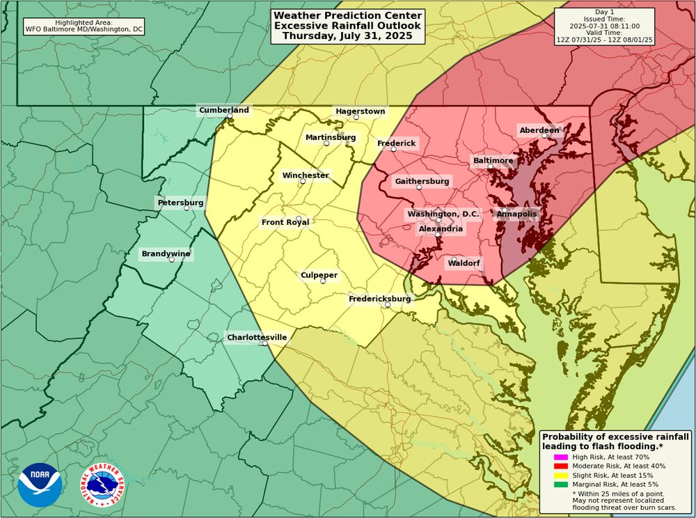 Zoomed map of the Excessive Rainfall Outlook for Thursday, July 31, 2025 on Maryland, Washington D.C., and northern Virginia. This outlook update was issued at about 4 AM Eastern and may be revised during the day.