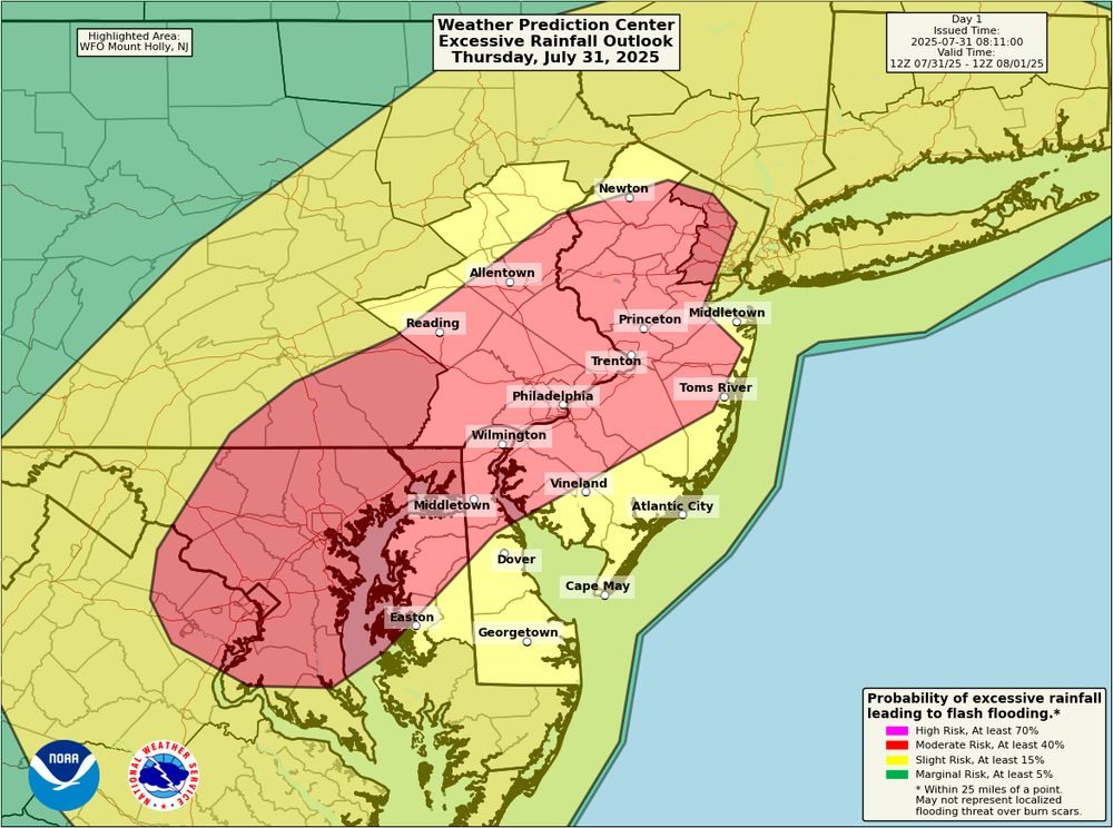 Zoomed map of the Excessive Rainfall Outlook for Thursday, July 31, 2025 on Nee Jersey, southeast Pennsylvania, and Delaware. This outlook update was issued at about 4 AM Eastern and may be revised during the day.