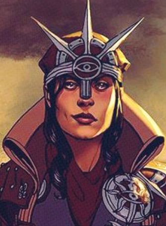 A zoomed-in shot of a human female Inquisitor from a piece of Dragon Age: Inquisition concept art (artist unknown). She wears a headpiece made of red cloth and silver metal that forms part of the Inquisition symbol. 