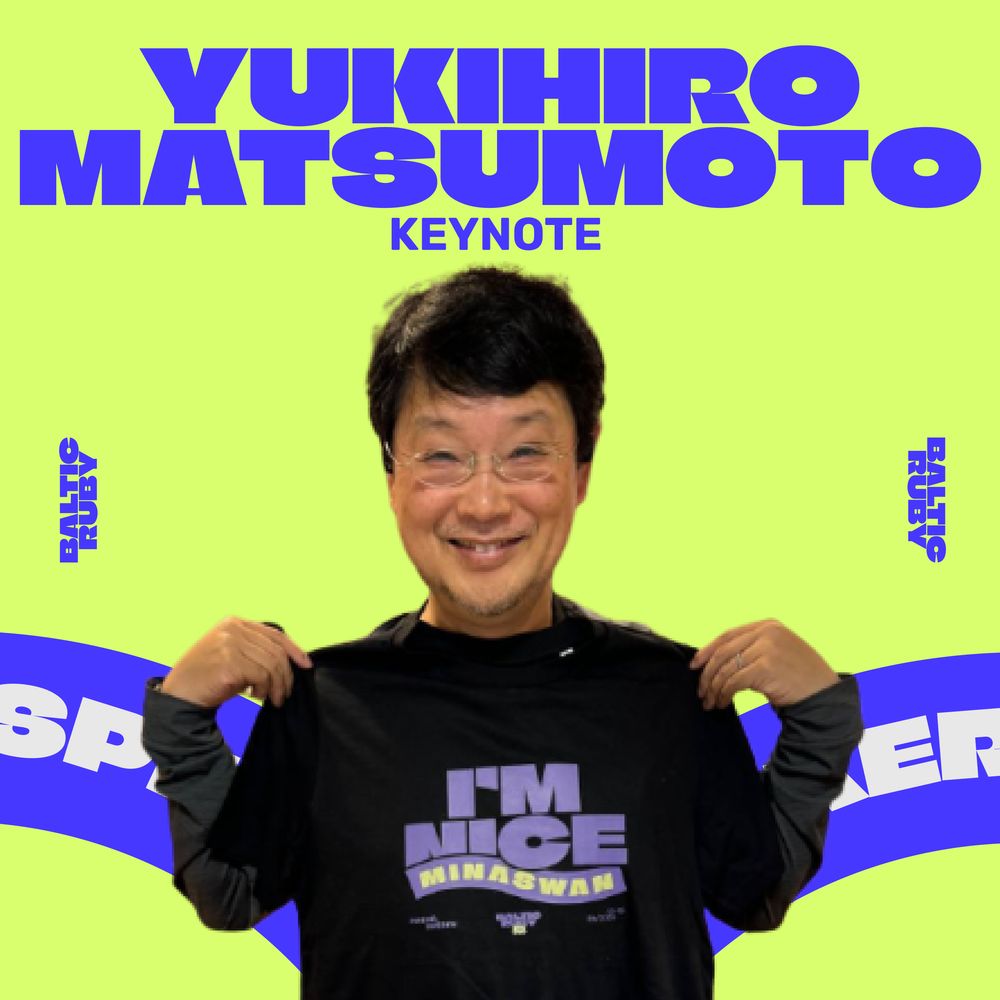 A photo of Yukihiro Matsumoto on a branded background.