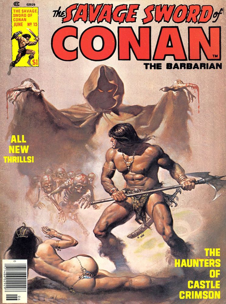 Conan wielding a two-handed axe stands poised to do battle with his bloody skeletal opponents that are being controlled by the blood dripping, hooded figure behind them. 