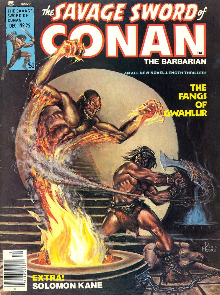Conan battles a demon rising from a flaming brazier with his battleaxe. An unconscious woman lies behind Conan chained to the brazier.
