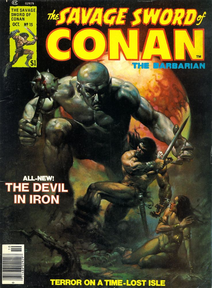 Conan, on one knee, with sword readied for attack, defends the young lady from the looming giant that readies itself for another attack with its bloodied mace. A huge moon shines behind the giant.