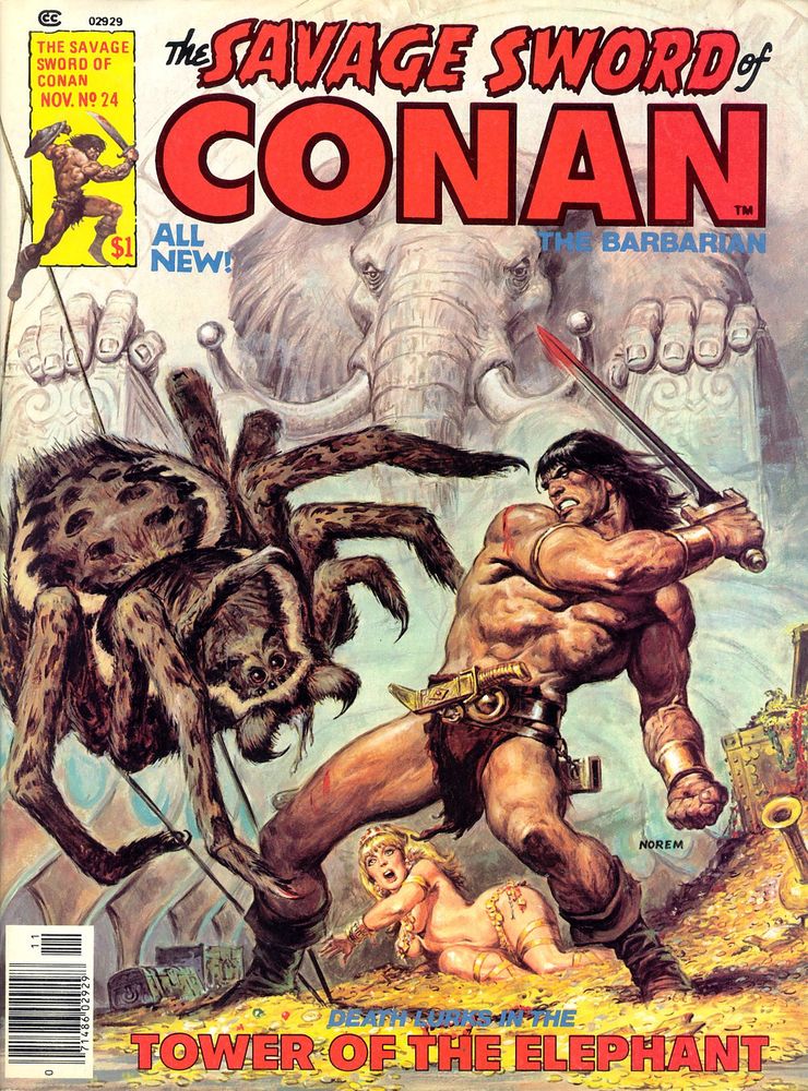 Conan fights a giant spider in a treasure room as a frightened girl lays on the gold coin covered floor.  A huge, seated elephant man  looks on emotionlessly.