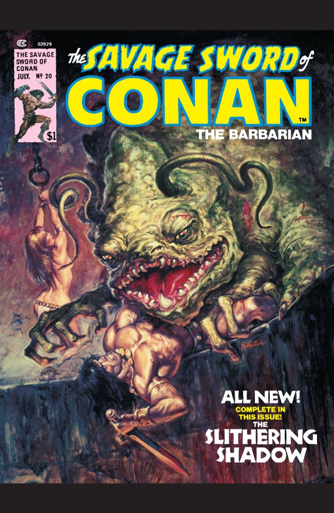 Conan on the edge of a pit, fights for his life against a large monstrous creature; while a hangs chained up in the background.