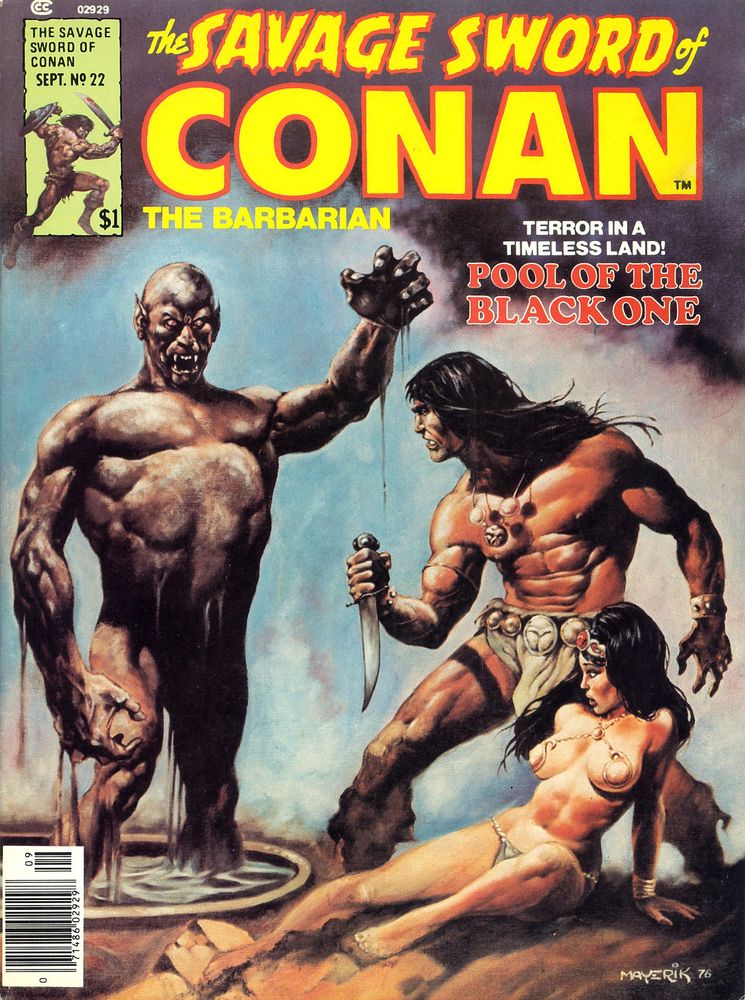 Conan, with his dagger, stands eyeing his opponent. The opponent, a large black, dripping creature, stands menacingly in a pool with its teeth bared in aggression. A scantily clad woman sits frightened at Conan's feet.