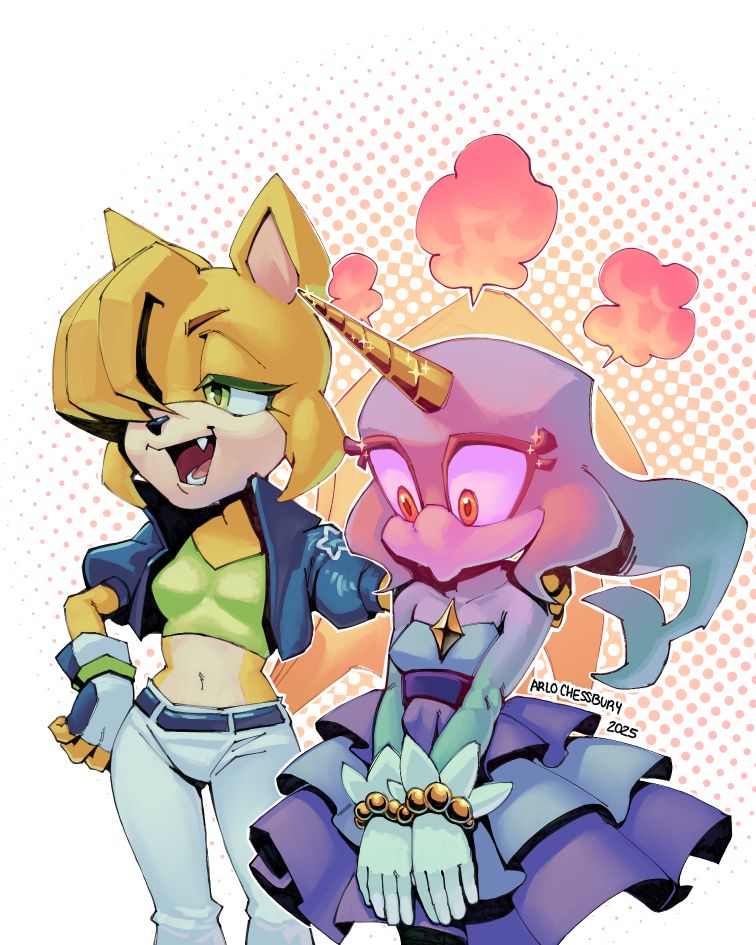 Two Sonic OCs interacting. One has their hand on the other's shoulder, with the other clearly having a big crush on them.