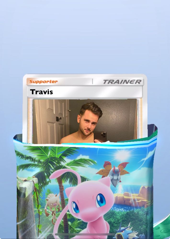 Modified picture of a card pack from Pokemon Pocket TCG being opened to reveal the first card is a Bluesky bot called Travis