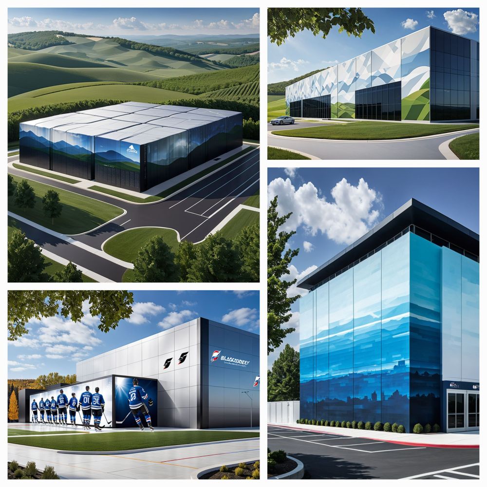 Artistic renders of data center buildings. 
