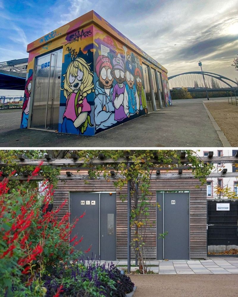 Eine Foto-Collage mit Bildern öffentlicher Toiletten im Hafenpark und im Bethmannpark