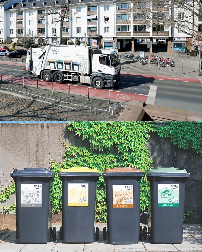 Collage aus einem Müllwagen auf dem Mainkai und vier unterschiedlichen Mülltonnen mit jeweils anderen Schwerpunkten. Foto: Jan Hassenpflug / FES 