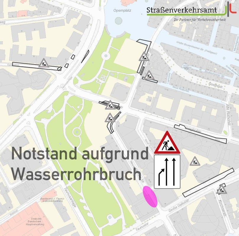 Karte des Straßennetzes rund um die Goethestraße und den Opernplatz in Frankfurt mit mehreren eingezeichneten Baustellen-Symbolen, © Straßenverkehrsamt Frankfurt am Main