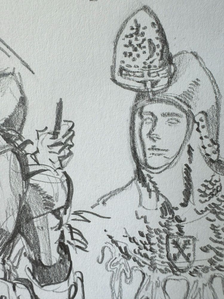 A sketch of Hans from KCD2 in armour, with the visor of his helmet lifted up.