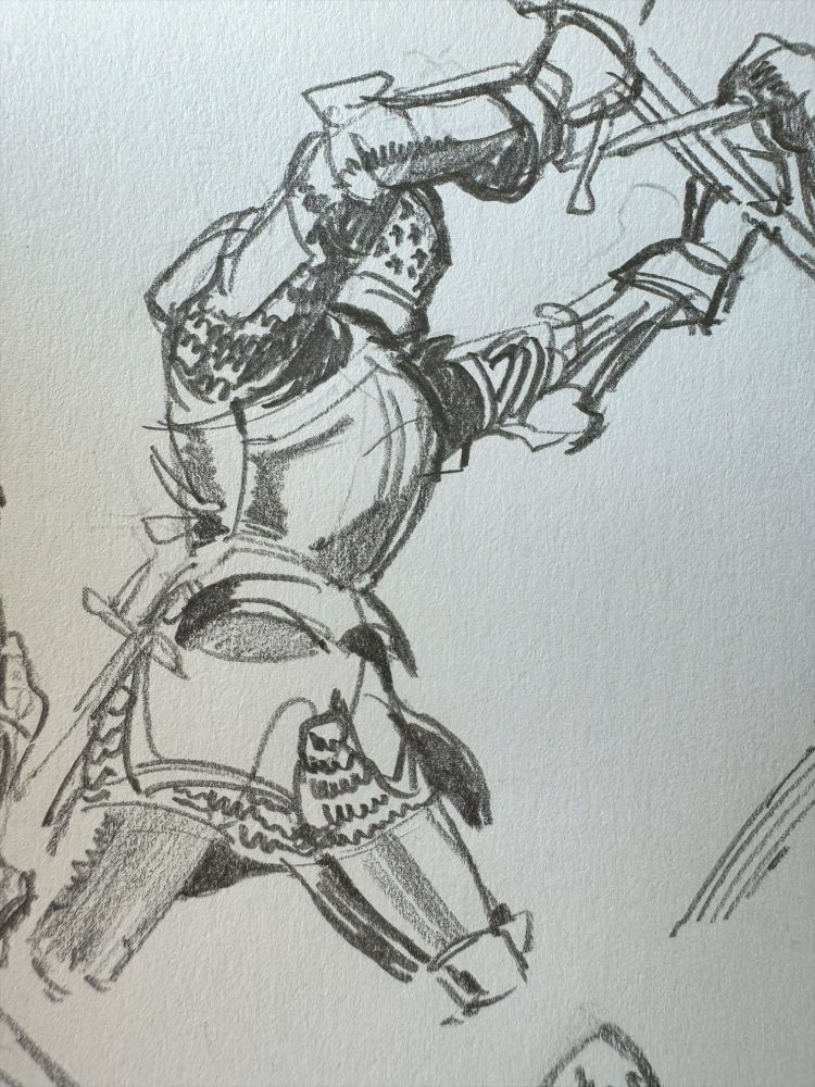 A sketch of a knight defending a blow with his sword.