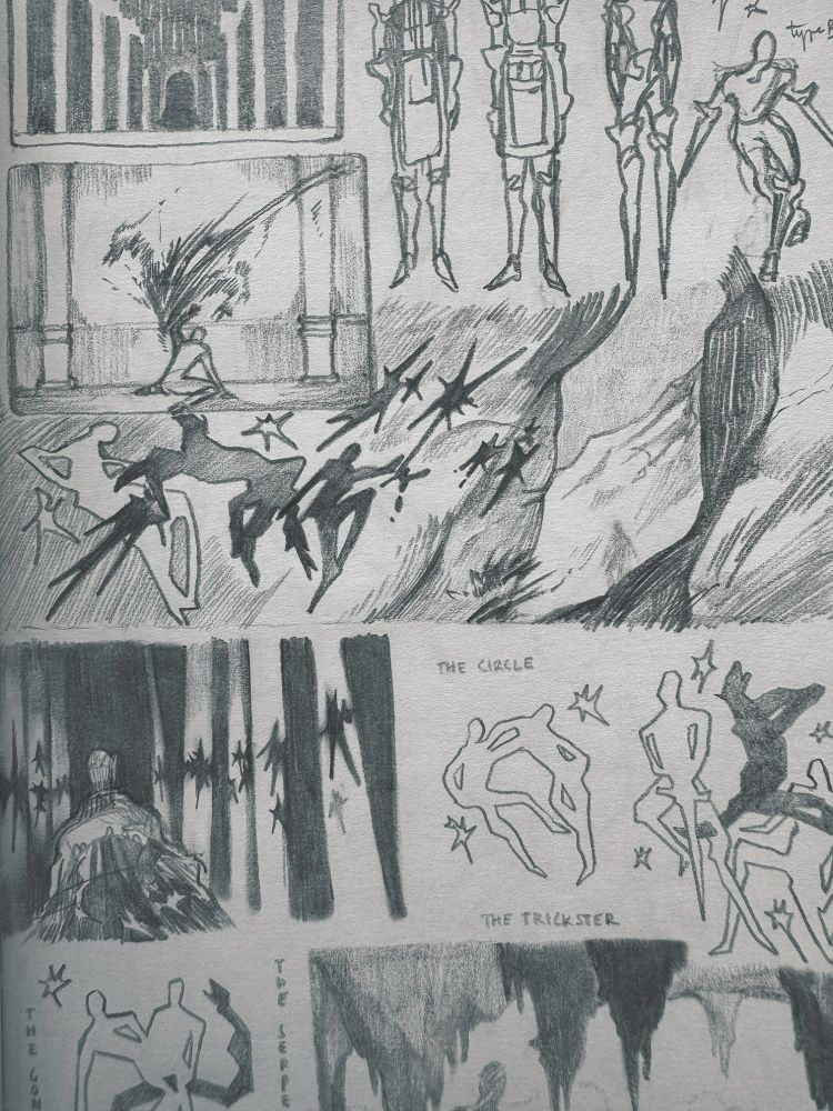 A sketchbook page featuring some scenes from a story and looser doodles on the side.