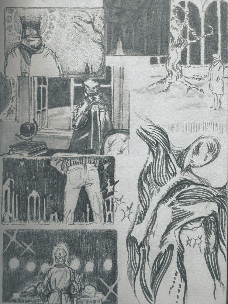 A sketchbook page featuring different scenes from a story.