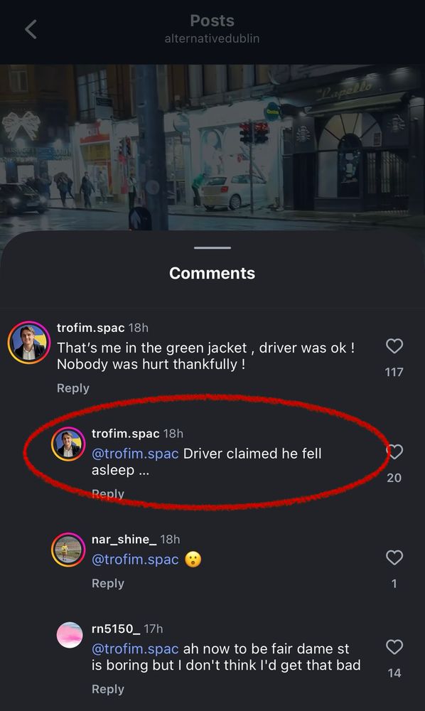 Screenshot of comments on instagram post. Circled os “Driver claimed he fell asleep”