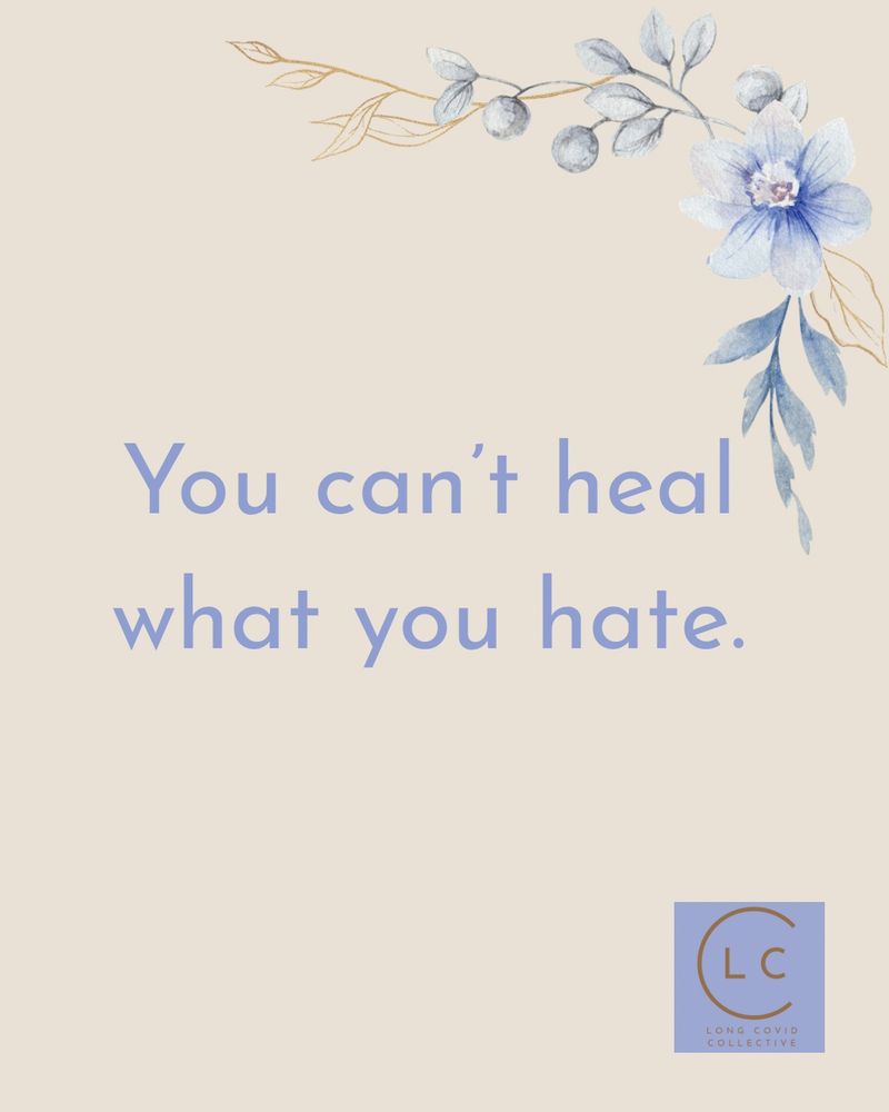 A minimalist graphic with a soft beige background. At the top right, there’s a watercolor-style sprig of leaves and a blue flower. Centered text in light lavender says: ‘You can’t heal what you hate.’ In the bottom right corner is the Long Covid Collective logo, a circle with the letters LC inside and the words LONG COVID COLLECTIVE underneath.