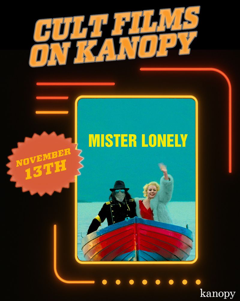 Promotional poster for "Cult Films on Kanopy," featuring the movie "Mister Lonely" with two characters in costume on a boat, set for November 13th.
