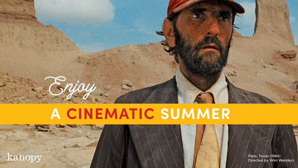 Harry Dean Stanton with a beard, wearing a suit and a baseball hat. He is standing in the desert. Copy reads Enjoy A Cinematic Summer Paris, Texas (1984) Directed by Wim Wenders.