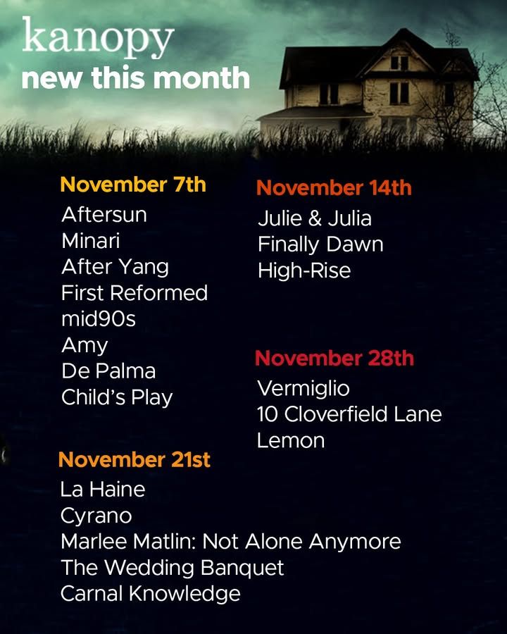 Promotional image for Kanopy's November film schedule, featuring a list of movie release dates and titles against a spooky, foggy backdrop with a silhouette of a house.