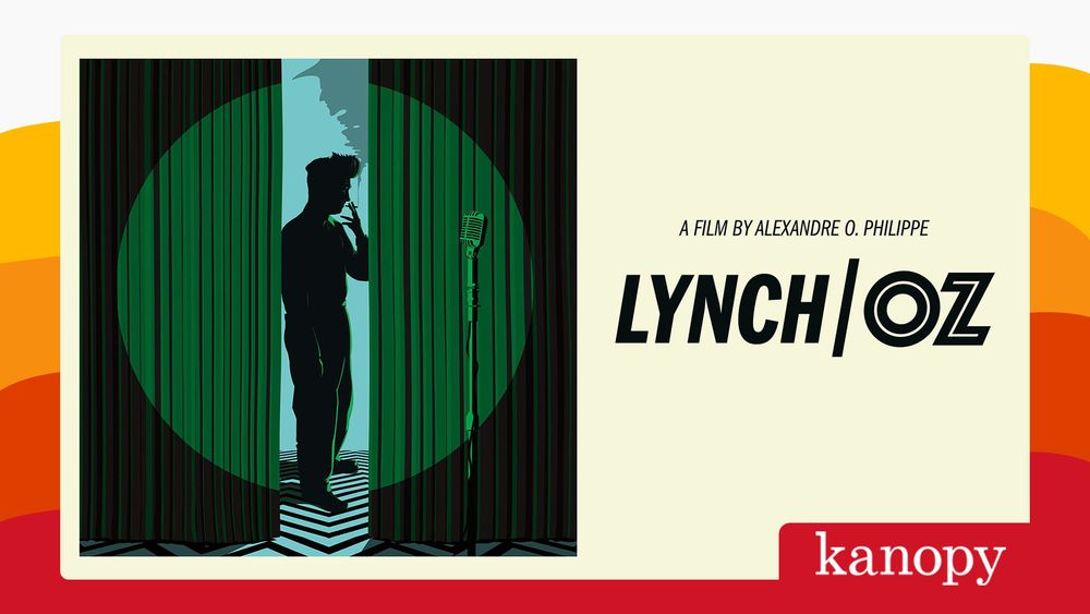Illustrated image of David Lynch behind a curtain smoking a cigarette. Copy reads A film by Alexander O. Philippe Lynch/Oz.