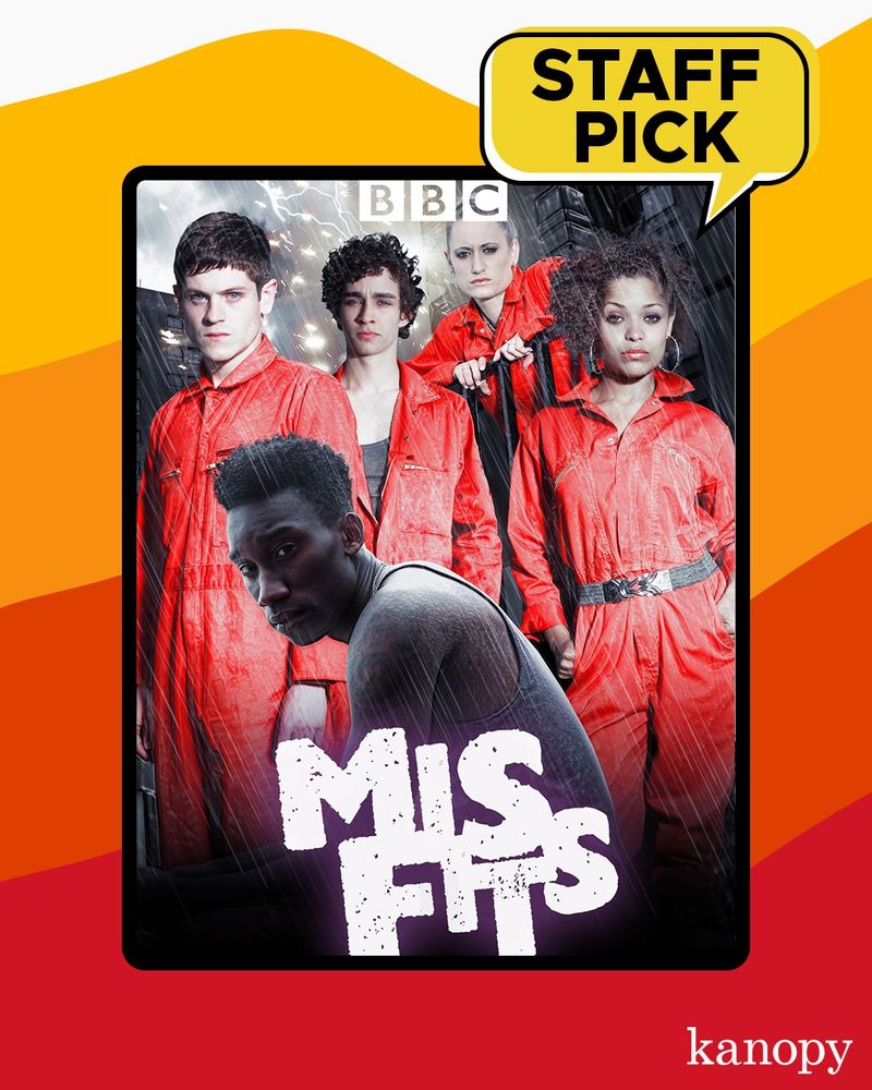 Five young people, three men and two women, are shown wearing orange jumpsuits for community service. All are staring at the viewer. Copy reads Misfits BBC Staff Pick.