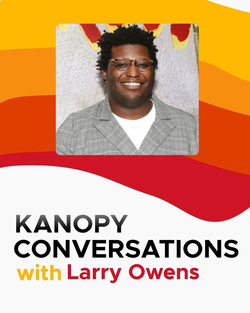 Headshot for Larry Owens shown in front of a wavy background. Copy reads Kanopy Conversations with Larry Owens.