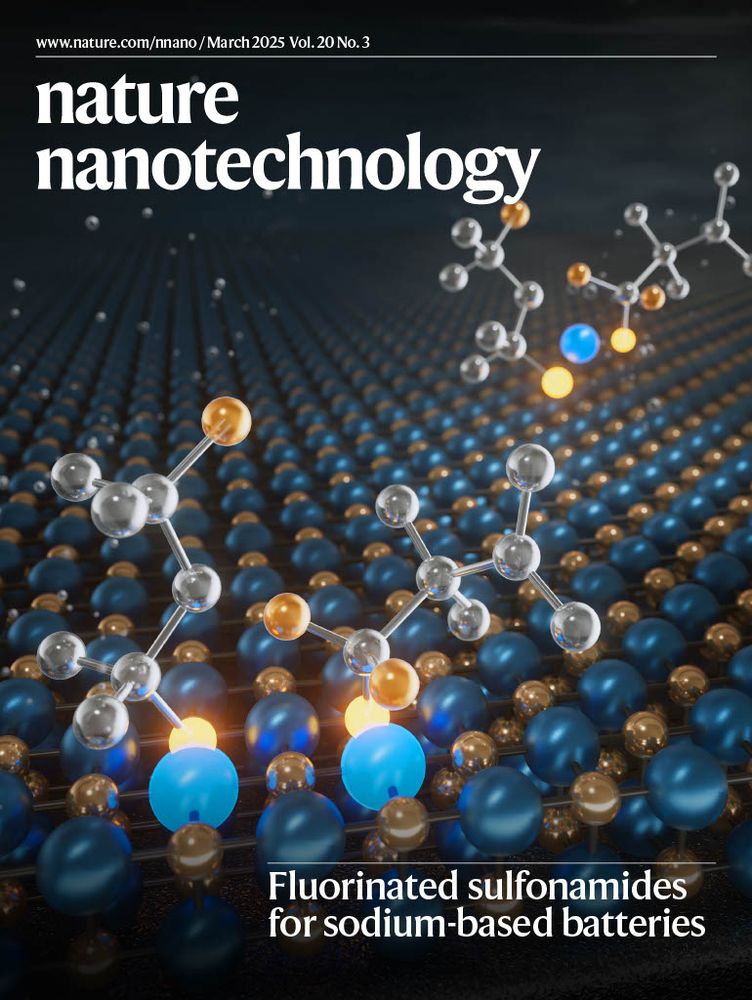 The image on the cover shows artistic representation of the formation process of a sodium fluoride interphase on a sodium metal surface by the reduction of fluorinated sodium salts solvated by a presalt solvent.

Image: Xi Chen, University of Maryland. Cover design: Vanitha Selvarajan.

Original article: Li, AM., Zavalij, P.Y., Omenya, F. et al. Salt-in-presalt electrolyte solutions for high-potential non-aqueous sodium metal batteries. Nat. Nanotechnol. 20, 388–396 (2025). https://doi.org/10.1038/s41565-024-01848-2

Abstract
Room-temperature non-aqueous sodium metal batteries are viable candidates for cost-effective and safe electrochemical energy storage. However, they show low specific energy and poor cycle life as the use of conventional organic-based non-aqueous electrolyte solutions enables the formation of interphases that cannot prevent degradations at the positive and negative electrodes. Here, to promote the formation of inorganic NaF-rich interphases on both negative and positive electrodes, we propose the salt-in-presalt (SIPS) electrolyte formulation strategy. In SIPS, sodium bis(fluorosulfonyl)imide (NaFSI) salt is dissolved in the liquid precursor of the sodium bis(trifluoromethylsulfonyl)imide (NaTFSI) salt, that is, N,N-dimethyltrifluoromethane-sulfonamide, called PreTFSI. The prepared 0.5 M NaFSI in PreTFSI (SIPS5) electrolyte solution shows an electrochemical stability up to 6.7 V versus Na|Na+ and enables a Na stripping/plating average Coulombic efficiency of 99.7% at 2.0 mA cm−2 and 4.0 mAh cm−2 in Na||Al cell configuration. By testing SIPS5 in Na metal and ‘anode-less’ coin and pouch cell configurations using NaNi0.6Mn0.2Co0.2O2 or sulfurized polyacrylonitrile as positive electrode active materials, we demonstrate the ability of the SIPS strategy to deliver improved specific discharge capacity and capacity retentions at high cell potentials and moderate applied specific currents for cell cycle life up to 1,000 cycles.