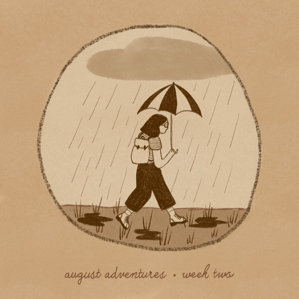 A digital illustration of a woman (me) with mid-length hair wearing a striped t-shirt, glasses, loose trousers, walking shoes and a backpack. She's walking hunched over and holding an umbrella. Above her, a single cloud and rain falling from it. There are puddles on the grass. The main illustration is contained in a circle and is in different shades of brown. A text under the circle says: "August Adventures, Week Two."