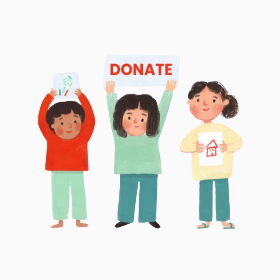 An illustration from the Palestine Humanitarian Response Center featuring three children in colourful clothes, two of them holding drawings (one of a dove and one of a house), and the child in the middle holding a sign that says "DONATE".