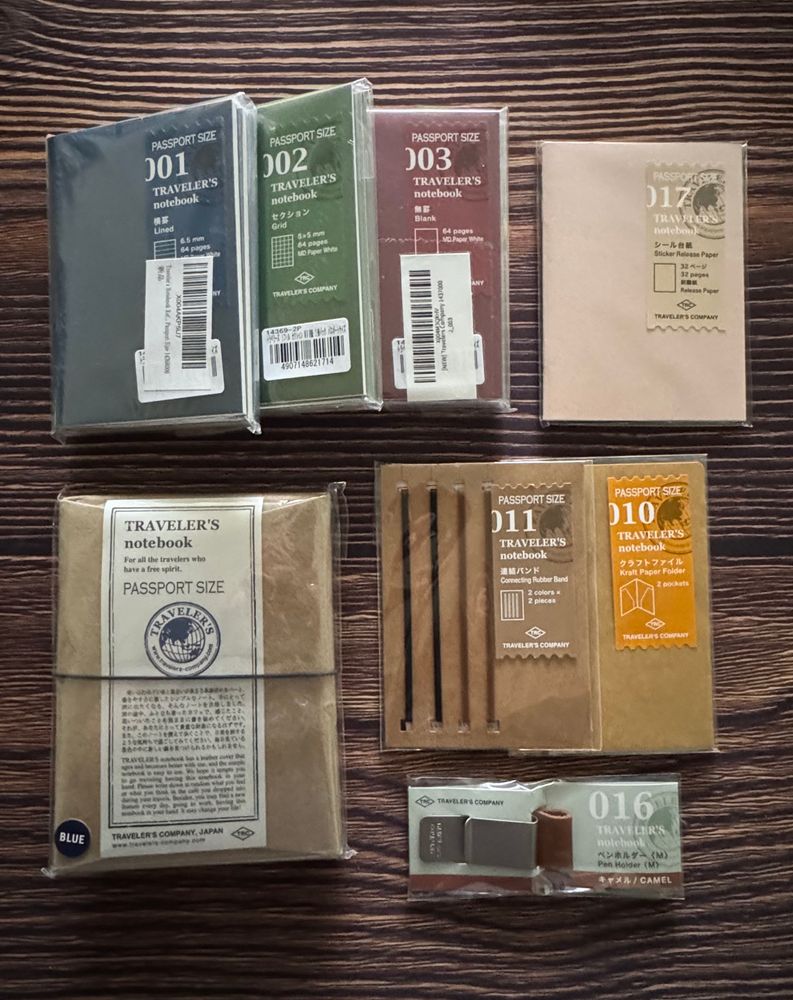 A travelers note book from Japan with refill packs laid out on a table 