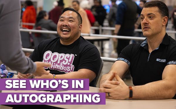 Danny and Jesse sitting at an autograph table with the text “see who’s in autographing” from the PAX newsletter